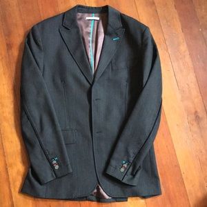 Grey suit jacket with turquoise stitching